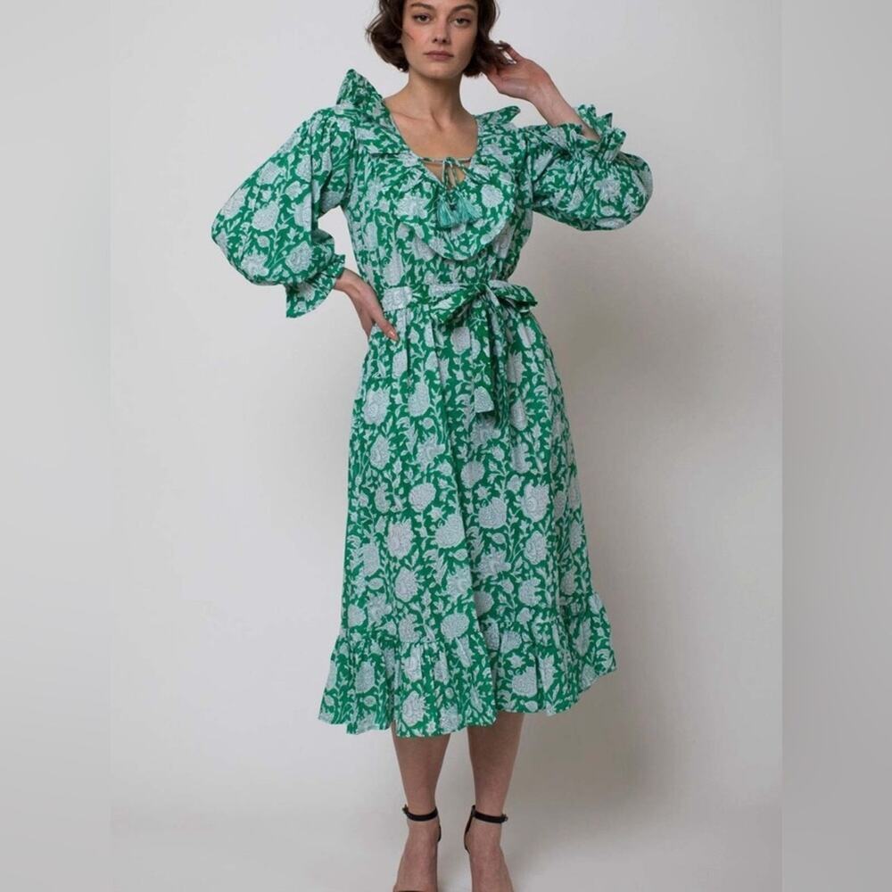 Mille Resort & Travel June Floral Green Block Print Midi Dress Belted NWOT Sz S